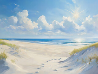 Strandansicht mit Sonnenstrahlen und bewölktem Himmel

