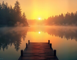 Serene lakeside dock at dawn. Mist floats over glassy water reflecting golden sunrise. Silhouetted trees frame tranquil scene. Long exposure smooths reflections. Peaceful nature. Early morning calm.