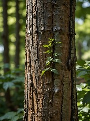 Obraz premium Close-up of a tree trunk with green leaves in the background.