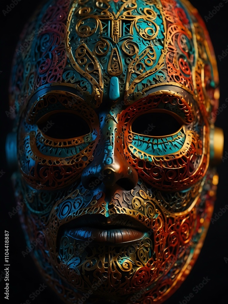 Poster close-up of a vibrant neon mask adorned with intricate patterns.
