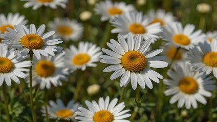 Close-up of a vibrant meadow with white daisies and yellow centers.