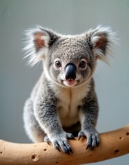 Fototapeta premium Baby koala sits on branch looking directly at camera. Cute animal portrait. Koala adorable, calm. Perfect for nature lovers. Wild animals photo. Cute wildlife image. Australia wildlife. Australia
