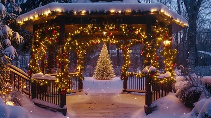 A magical outdoor gazebo decorated with Christmas lights, hanging ornaments, and a garland wrapped around the pillars.