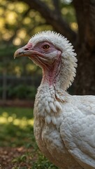 Close-up of a white turkey in a yard.