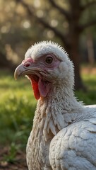Close-up of a white turkey in a yard.