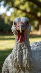 Close-up of a white turkey in a yard.