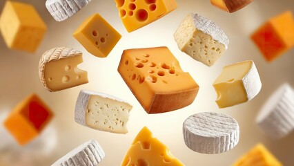 A variety of cheese floating in the air.