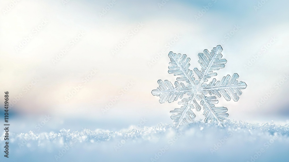 Poster a snowflake resembling a snowflake sits atop a snow-covered field