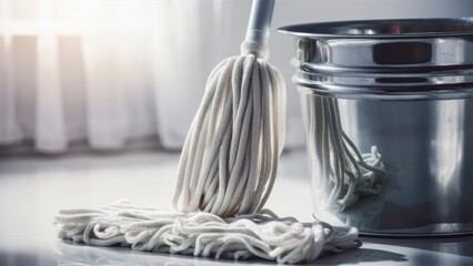 A photo of a mop and a shiny steel bucket that look clean and ready to use. The general atmosphere radiates cleanliness, order and a sense of calm anticipation of the work ahead.