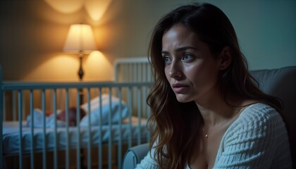 New mother feels overwhelmed and sad. She looks sadly at baby in crib. Postpartum depression concept photo. Nighttime scene. Woman sits in room. Baby sleeps peacefully. Emotional moment captured.