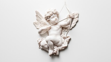 White sculpture of a cherub holding a bow and arrow against a plain background, featuring intricate details in the wings and curly hair, symbolizing innocence and love.