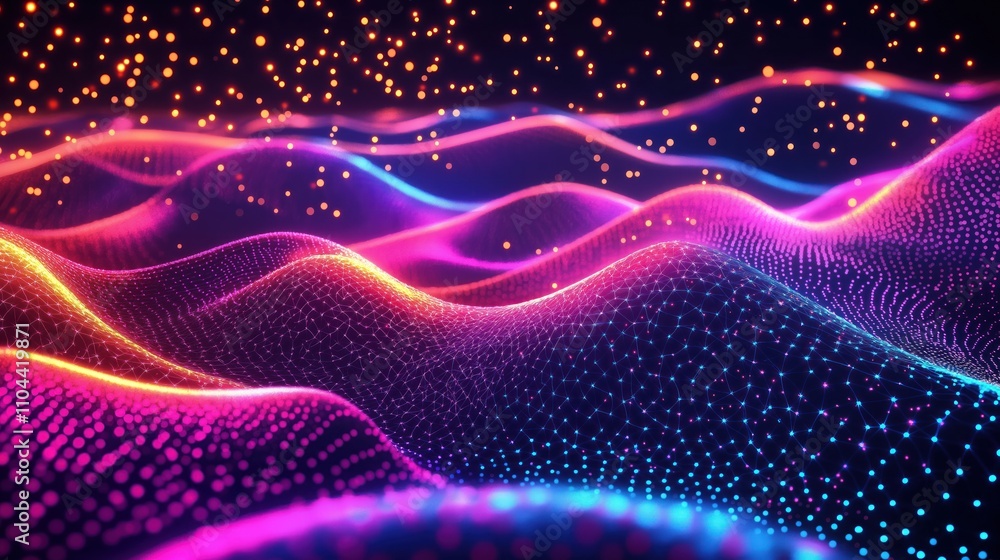 Poster Abstract tech waves with neon lines. Futuristic cyber virtual landscape. Glowing particles form innovative mesh pattern. Digital landscape illustration. Vibrant colors blend seamlessly. Dynamic
