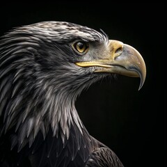Close-up of eagle with black background.