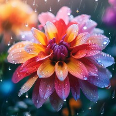 Fototapeta premium concept of a beautiful colorful flowers with petals and rain drops