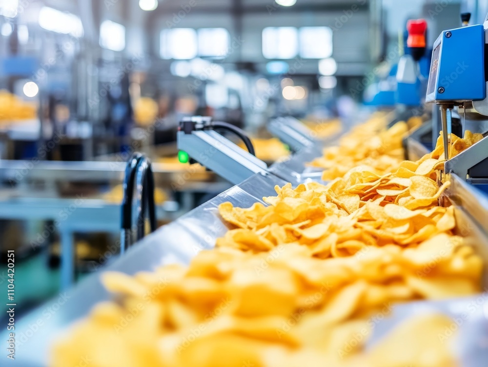 Poster A busy packaging line features automated machinery efficiently processing and sealing bags of potato chips, highlighting the production's fast-paced nature