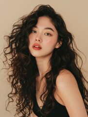 Naklejka premium Fashion portrait of a young woman with voluminous wavy hair wearing makeup, dressed in black top, showcasing beauty and style.