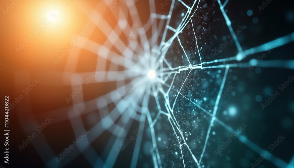 Poster Abstract shattered screen background with lens flare. Damaged display with colorful glow shows broken pattern. Distressed screen texture with faded colors, dust. Dark background with light, blur