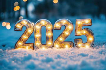 2025 written with glowing light bulbs on a snowy background, golden numbers, a winter landscape, an outdoor scene, blurred bokeh lights in the background, a snowy environment, cold weather.