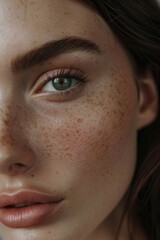 Fototapeta premium Portrait of a woman with freckled skin, subtle makeup enhancements and light hairstyle, looking directly at the camera.