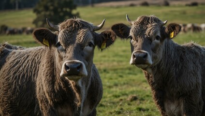 Fototapeta premium Close-up of Angus and Murray Grey cows grazing.