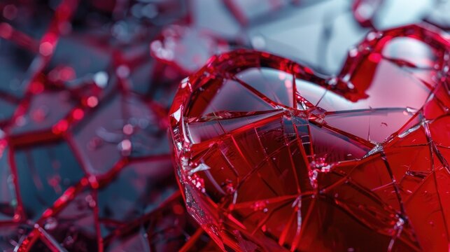 A broken red heart with shattered glass pieces, symbolizing emotional pain or loss.