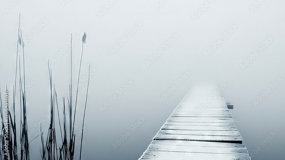 Poster a dock surrounded by reeds in the foreground and obscured by fog in the background