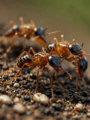 Close-up of ants carrying larvae across a surface.