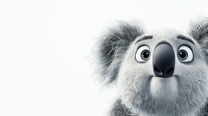   A close-up of a surprised koala against a white background