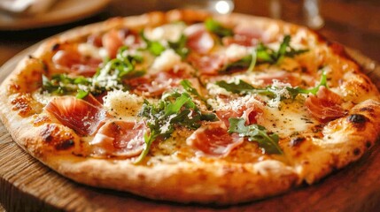 A freshly baked pizza topped with arugula and prosciutto slices.