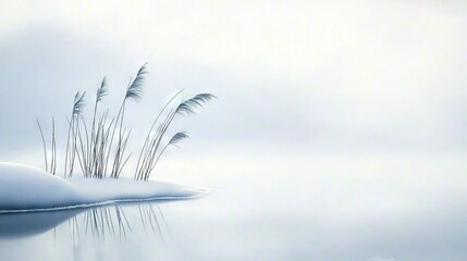  A snow-covered lake with reeds in the foreground and a foggy sky in the background