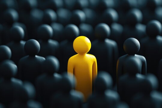 A person in the center surrounded by identical black figures, suggesting a unique or individualistic view among conformity.