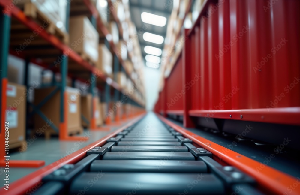 Leinwandbilder low angle view of warehouse conveyor belt. automated system moves cargo boxes within warehouse. mode