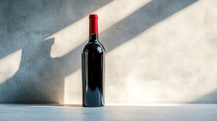 A wine bottle stands with shadows on a concrete background.