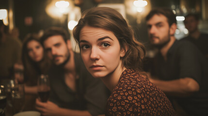 An Awkward Girl Sitting with Friends in a Bar, Light and Bright