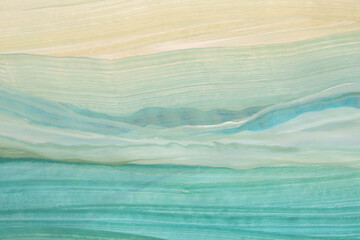 Acrylic, Ink watercolor hand drawn flow smear brushstroke blot landscape painting. Wave beige, blue wall texture background.