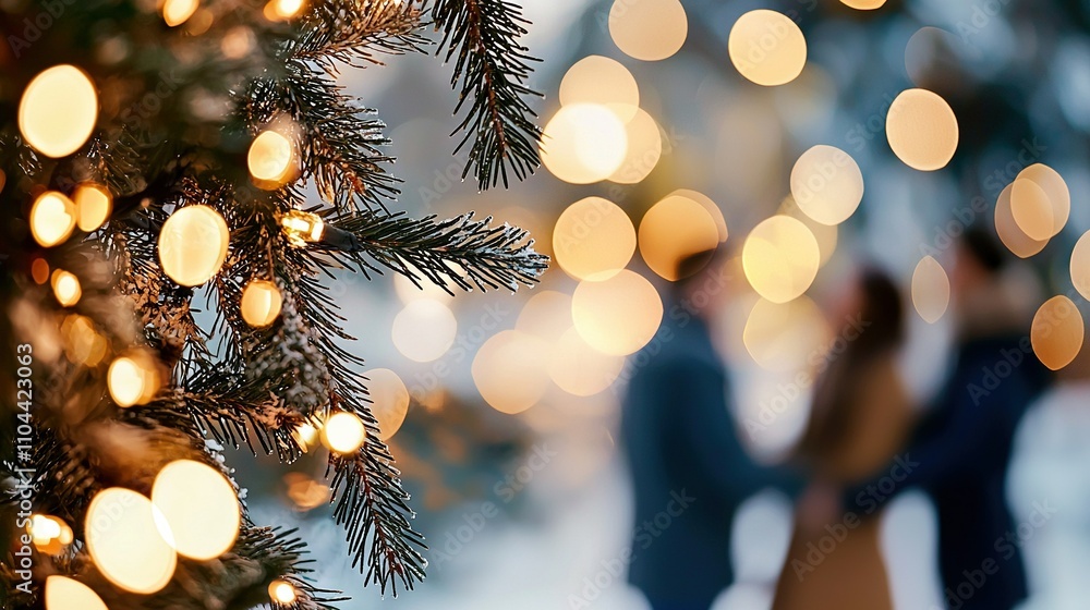Poster a couple embracing in front of a christmas tree illuminated by string lights