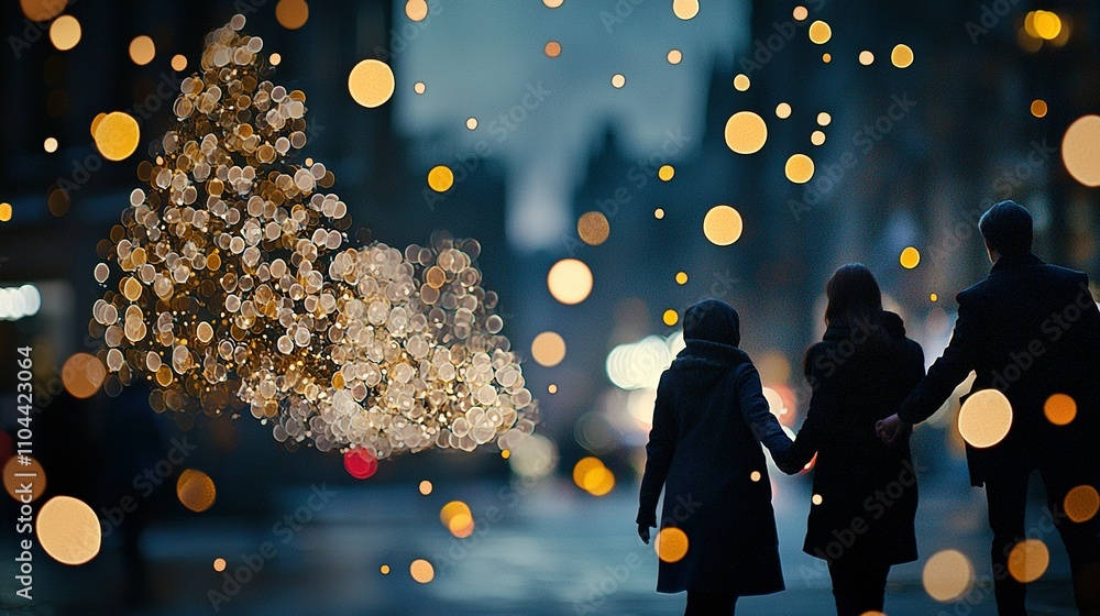 Poster a couple strolled on a street with a christmas tree adjacent to the path in front of them