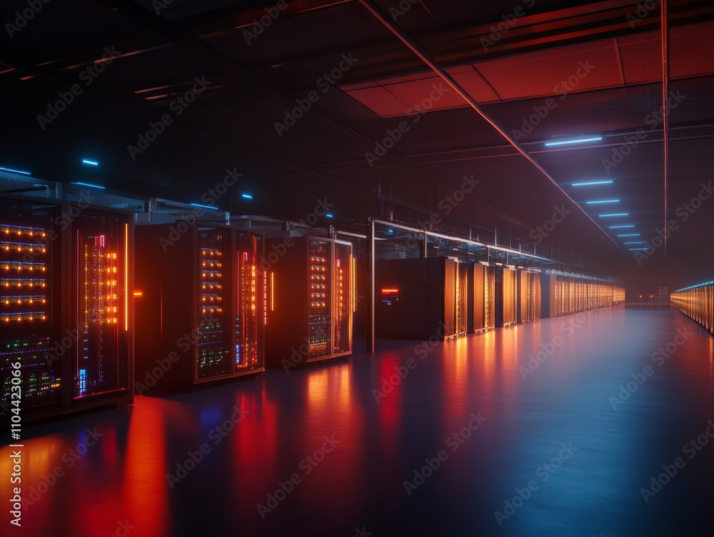 Poster A wide-angle view showcases a high-tech data center filled with rows of servers and network equipment, all illuminated by vibrant blue LED lights, highlighting its advanced infrastructure