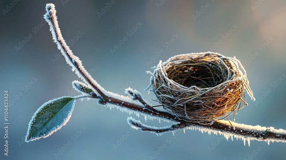 Poster a bird's nest on a twig with frost