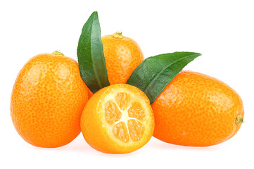 Fresh ripe kumquats and green leaves isolated on a white background