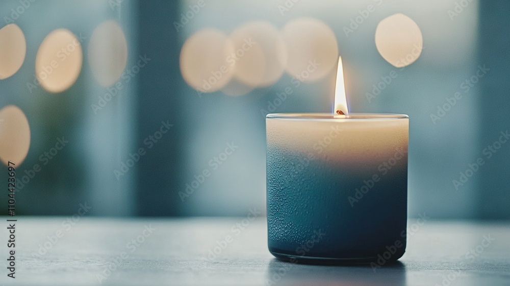 Poster a lit candle sits on a table in front of a window with a boke of lights in the background