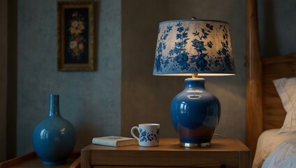 Close-up of blue ceramic lamp on nightstand, Provence bedroom.