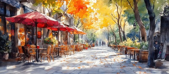 Obraz premium Autumnal street cafe scene with red umbrellas, golden leaves, and people strolling.