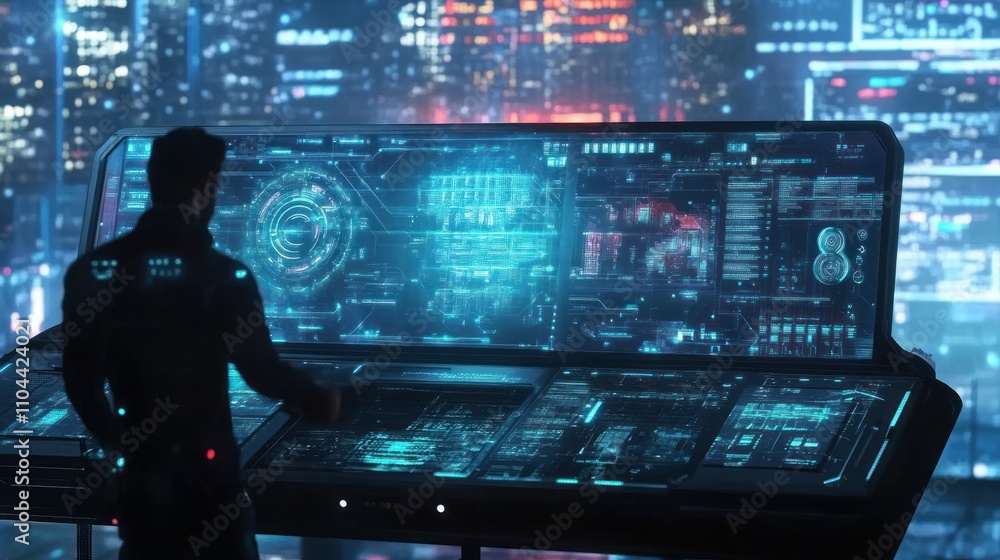 Poster a futuristic holographic user interface design with hud elements.
