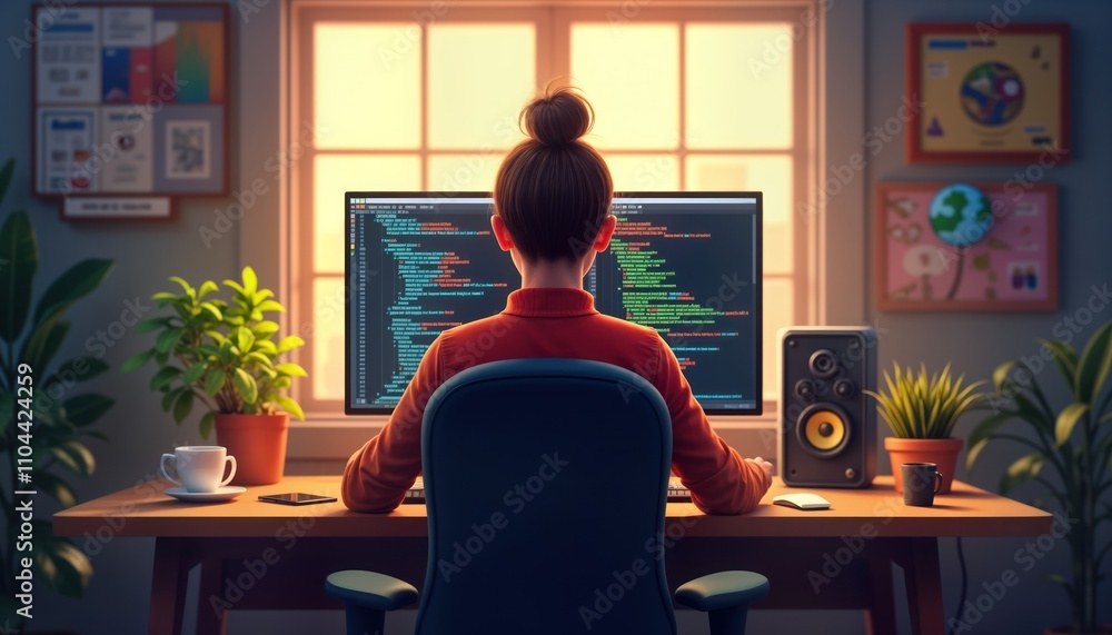 Leinwandbilder Person focused on coding at desktop. Young woman engrossed in programming work. Modern workplace with home office feel. Light from window illuminates scene. Computer screen shows lines of code.
