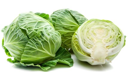 Obraz premium photograph of Educational photo of cabbage, highlighting the allicin content. Isolated on white Shown benefits for immune and heart health Studio lighting wide angle lens