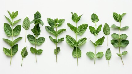 photograph of Educational photo of mint leaves highlighting the allicin content. Isolated on white Shown benefits for immune and heart health Studio lighting wide angle lens