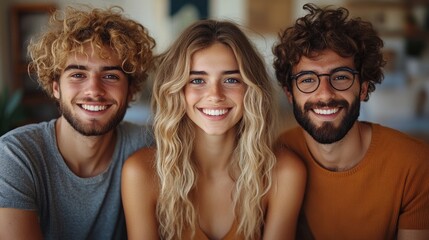 Fototapeta premium Group of three friends smiling brightly while seated together in a warm, inviting space filled with light
