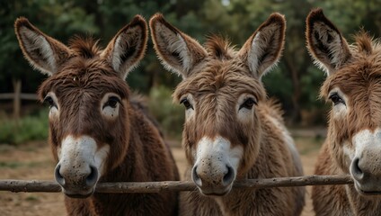 Fototapeta premium Close-up of curious donkeys in a group.
