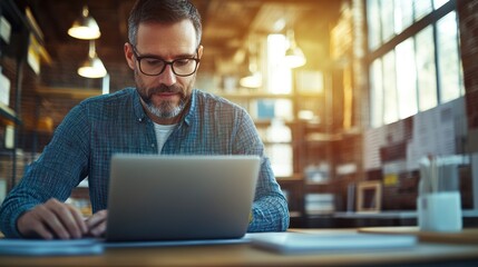 Fototapeta premium Man engaged in tasks on a laptop in a warm and inviting work environment